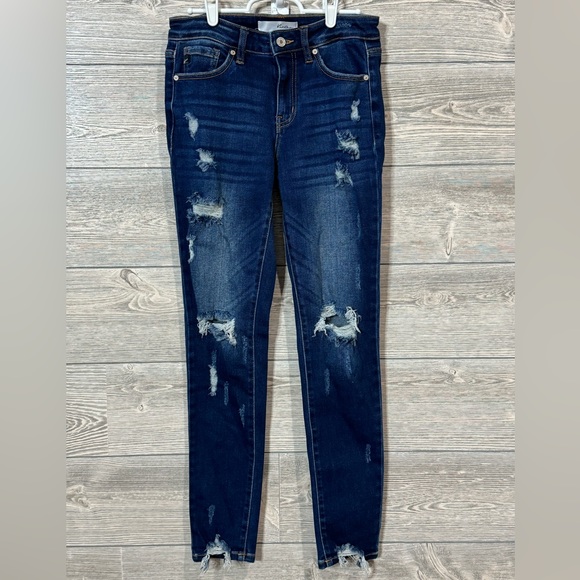 KanCan Women’s Mid Rise Distressed Skinny Jeans, 5/26, Dark Wash, - Picture 3 of 8